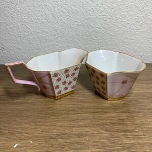 Vintage Pink Rose Cobweb Sugar Bowl Creamer Set Porcelain Gold Trim
